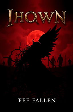A striking design featuring the silhouette of a fallen warrior or an angel, partially obscured by a tangle of dark, thorny vines
