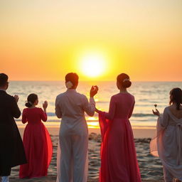 A breathtaking scene of couples worshiping together in front of a magnificent sunrise