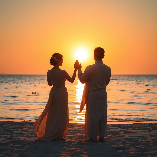 A breathtaking scene of couples worshiping together in front of a magnificent sunrise