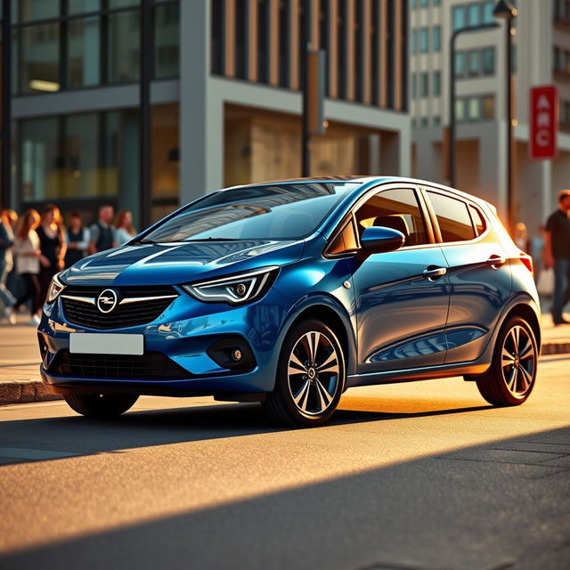 A sleek, modern Opel Corsa 2024 parked in an urban setting, showcasing its stylish design with sharp lines and distinctive front grille