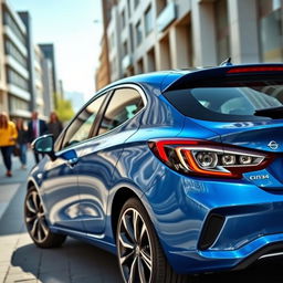 A sleek, modern Opel Corsa 2024 parked in an urban setting, showcasing its stylish design with sharp lines and distinctive front grille