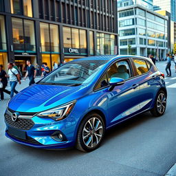 A sleek, modern Opel Corsa 2024 parked in an urban setting, showcasing its stylish design with sharp lines and distinctive front grille