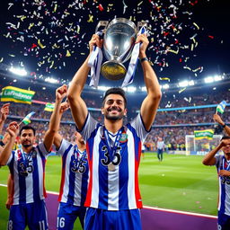 An exhilarating scene showcasing Marcelo, now a celebrated star at Fluminense, holding multiple trophies high above his head, including the prestigious Champions League trophy