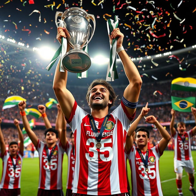 An exhilarating scene showcasing Marcelo, now a celebrated star at Fluminense, holding multiple trophies high above his head, including the prestigious Champions League trophy