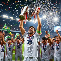 An exhilarating scene showcasing Marcelo, now a celebrated star at Fluminense, holding multiple trophies high above his head, including the prestigious Champions League trophy
