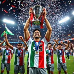 An exhilarating scene showcasing Marcelo, now a celebrated star at Fluminense, holding multiple trophies high above his head, including the prestigious Champions League trophy