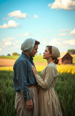 A tender and romantic scene between a beautiful Amish girl and a handsome young man, set in a serene countryside landscape