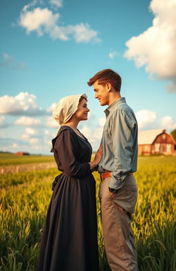 A tender and romantic scene between a beautiful Amish girl and a handsome young man, set in a serene countryside landscape