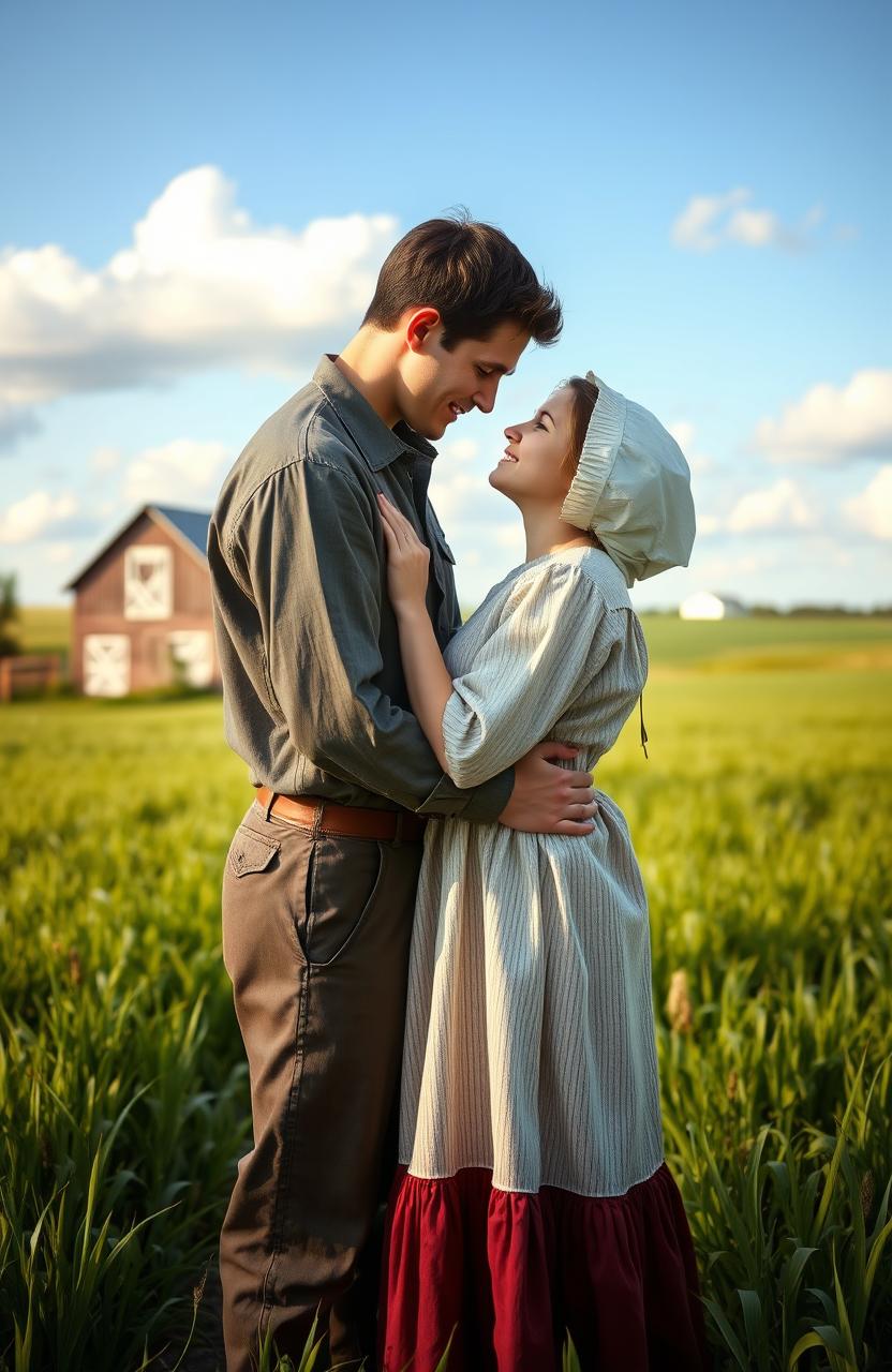 A tender and romantic scene between a beautiful Amish girl and a handsome young man, set in a serene countryside landscape