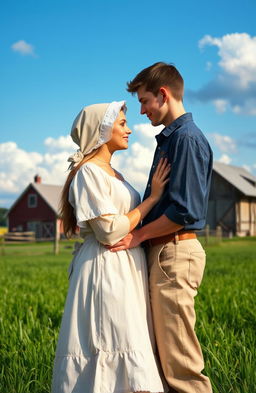 A tender and romantic scene between a beautiful Amish girl and a handsome young man, set in a serene countryside landscape
