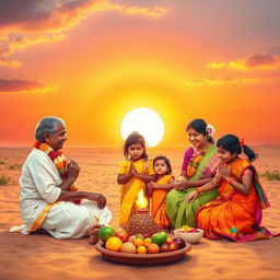 A vibrant scene of a Tamilian family worshiping in front of a radiant sun setting on the horizon