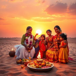 A vibrant scene of a Tamilian family worshiping in front of a radiant sun setting on the horizon