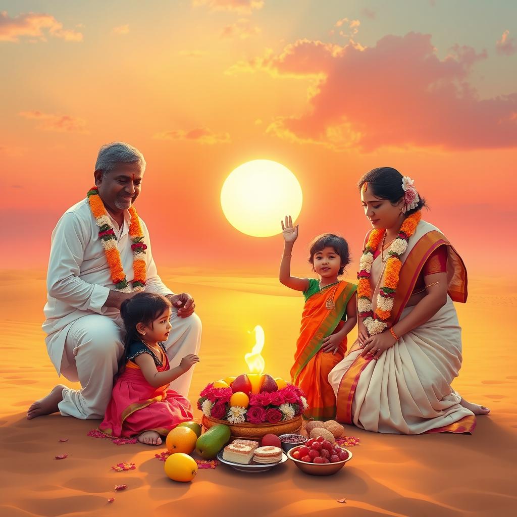 A vibrant scene of a Tamilian family worshiping in front of a radiant sun setting on the horizon