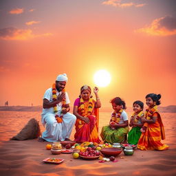 A vibrant scene of a Tamilian family worshiping in front of a radiant sun setting on the horizon