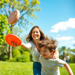 A mother and son enjoying a sunny day in the park, with the mother playfully tossing a frisbee to her son who is laughing and chasing after it