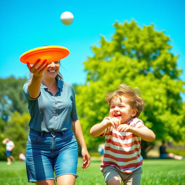 A mother and son enjoying a sunny day in the park, with the mother playfully tossing a frisbee to her son who is laughing and chasing after it