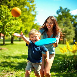 A mother and son enjoying a sunny day in the park, with the mother playfully tossing a frisbee to her son who is laughing and chasing after it