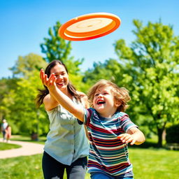 A mother and son enjoying a sunny day in the park, with the mother playfully tossing a frisbee to her son who is laughing and chasing after it