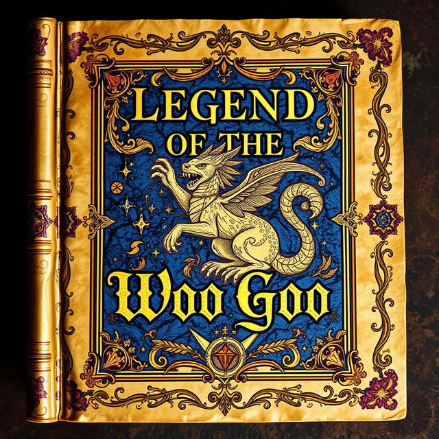 A legendary book cover titled 'Legend of the Woo Goo', featuring a majestic illustration on the cover that depicts the Woo Goo, an enchanting and mythical creature symbolizing wisdom and mystery