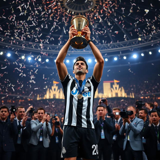 A dramatic scene capturing Marcelo receiving the prestigious Ballon d'Or award while in his Newcastle United kit, surrounded by fanfare and excitement