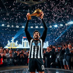 A dramatic scene capturing Marcelo receiving the prestigious Ballon d'Or award while in his Newcastle United kit, surrounded by fanfare and excitement