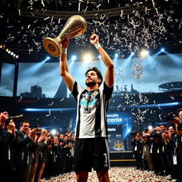 A dramatic scene capturing Marcelo receiving the prestigious Ballon d'Or award while in his Newcastle United kit, surrounded by fanfare and excitement