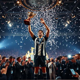 A dramatic scene capturing Marcelo receiving the prestigious Ballon d'Or award while in his Newcastle United kit, surrounded by fanfare and excitement
