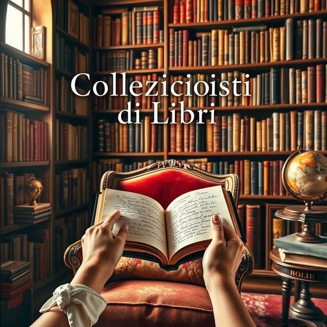 A captivating book cover design for a book titled 'Collezionisti di Libri' (Book Collectors)