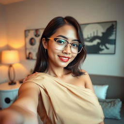 A sexy, attractive Asian woman from Myanmar, taking a selfie in a relaxed and confident pose