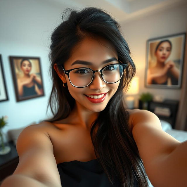 A sexy, attractive Asian woman from Myanmar, taking a selfie in a relaxed and confident pose