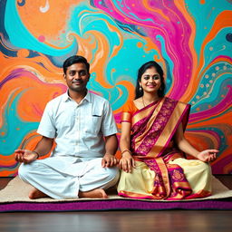 A striking image of a Tamil couple meditating together against a vibrant, colorful background filled with abstract patterns and harmonious colors