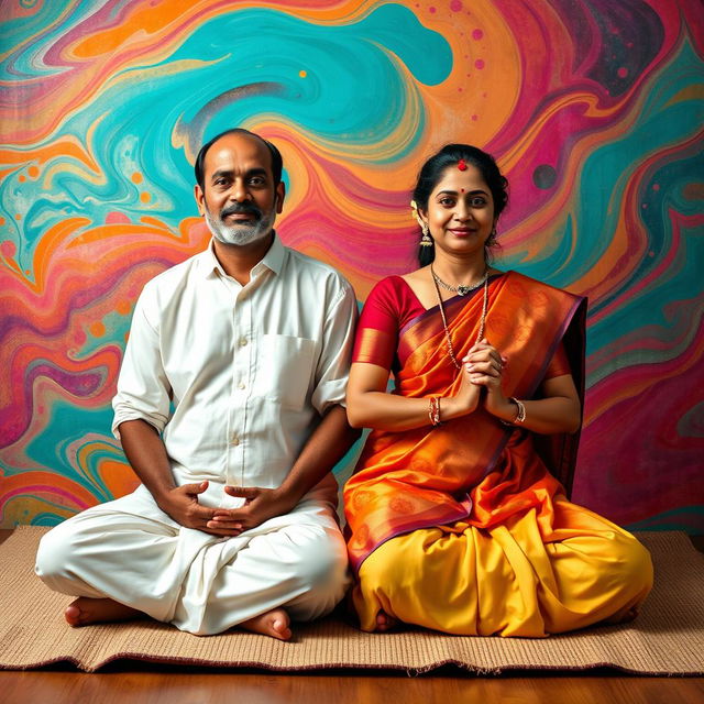 A striking image of a Tamil couple meditating together against a vibrant, colorful background filled with abstract patterns and harmonious colors