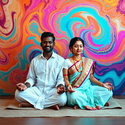 A striking image of a Tamil couple meditating together against a vibrant, colorful background filled with abstract patterns and harmonious colors