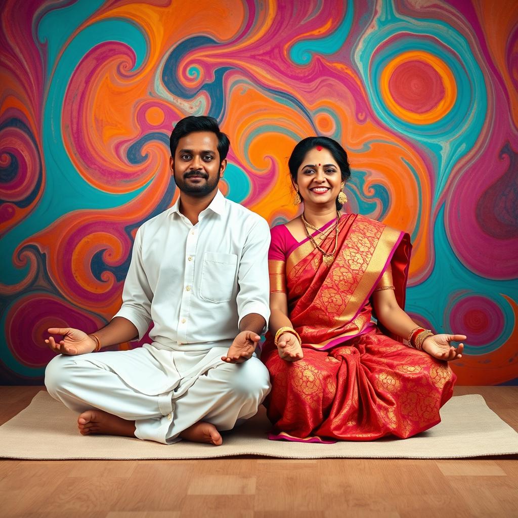 A striking image of a Tamil couple meditating together against a vibrant, colorful background filled with abstract patterns and harmonious colors