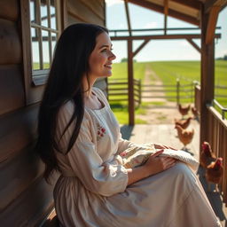 A tender and intimate scene depicting a young Amish woman, the Bishop's daughter, sitting on a wooden porch of a rustic farmhouse, bathed in warm afternoon sunlight