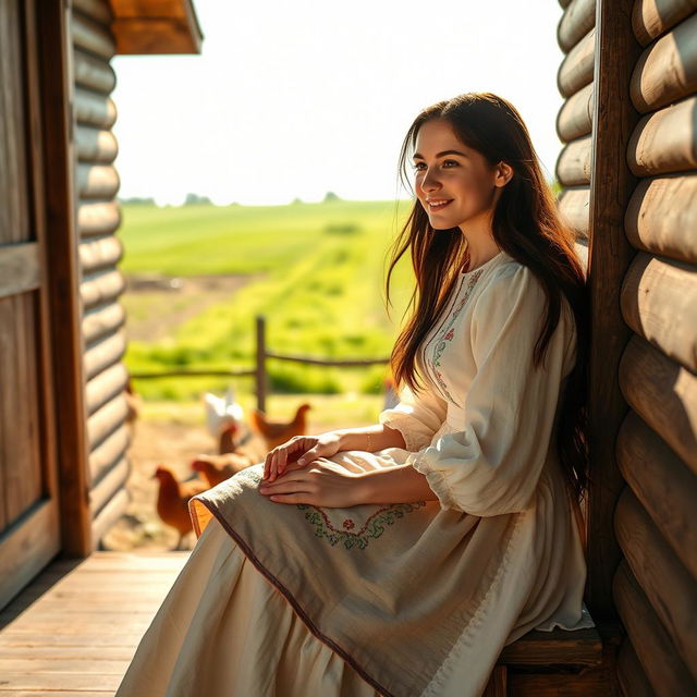 A tender and intimate scene depicting a young Amish woman, the Bishop's daughter, sitting on a wooden porch of a rustic farmhouse, bathed in warm afternoon sunlight