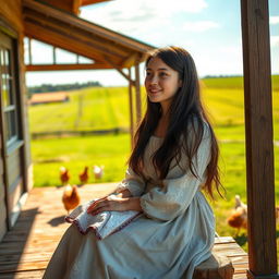 A tender and intimate scene depicting a young Amish woman, the Bishop's daughter, sitting on a wooden porch of a rustic farmhouse, bathed in warm afternoon sunlight