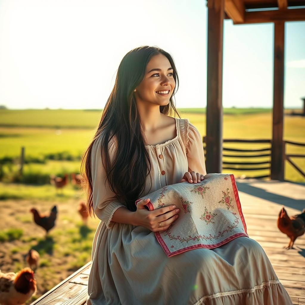 A tender and intimate scene depicting a young Amish woman, the Bishop's daughter, sitting on a wooden porch of a rustic farmhouse, bathed in warm afternoon sunlight