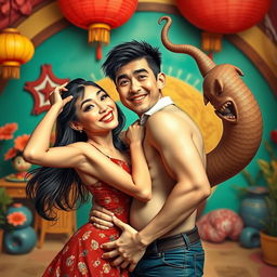 A playful and bold scene depicting a confident adult couple in a passionate embrace, highlighting the contrast between their playful expressions and the surreal aspect of a fantastical element