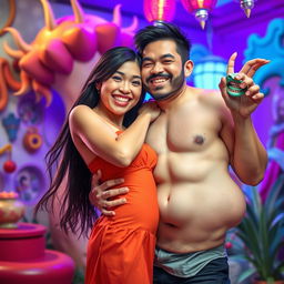 A playful and bold scene depicting a confident adult couple in a passionate embrace, highlighting the contrast between their playful expressions and the surreal aspect of a fantastical element