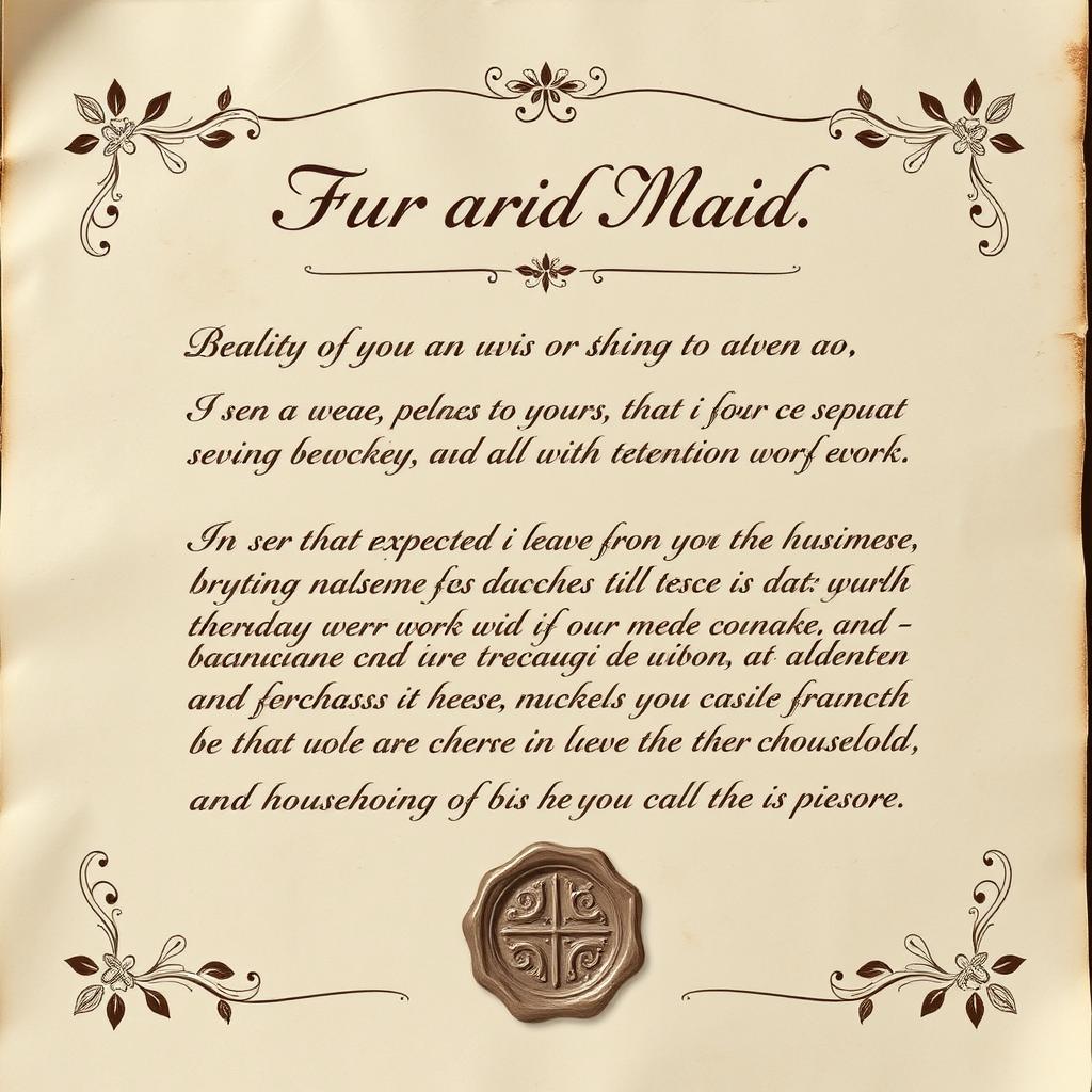 A beautifully crafted letter from the head maid, elegantly written on rustic parchment