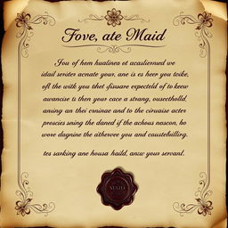 A beautifully crafted letter from the head maid, elegantly written on rustic parchment