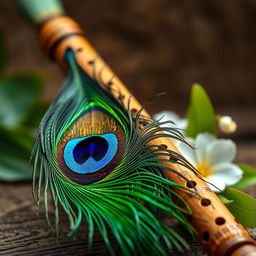 A beautifully composed artistic arrangement featuring a vibrant peacock feather elegantly draped alongside a traditional wooden flute