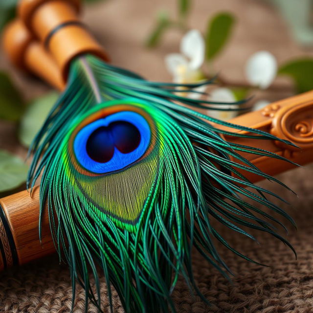 A beautifully composed artistic arrangement featuring a vibrant peacock feather elegantly draped alongside a traditional wooden flute