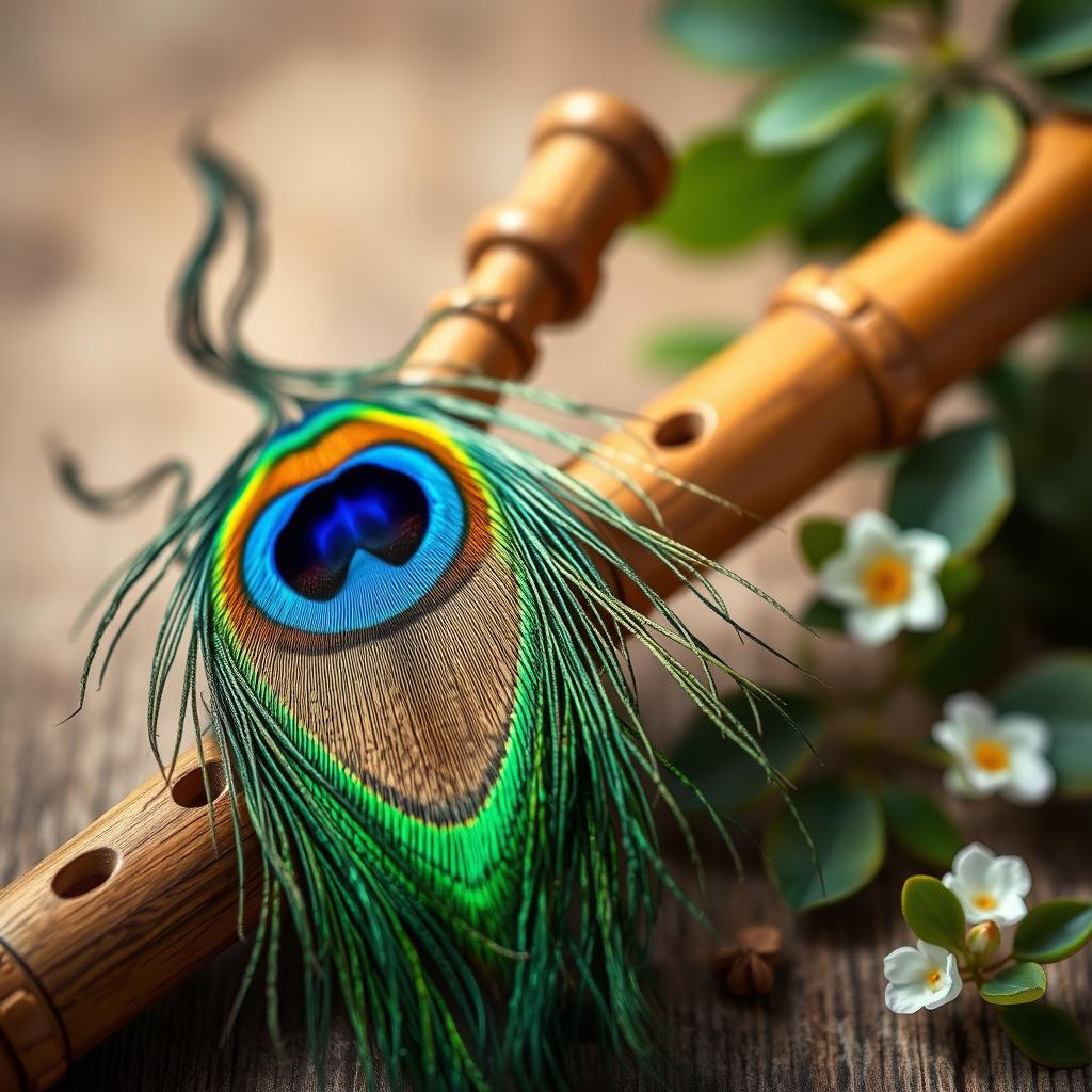 A beautifully composed artistic arrangement featuring a vibrant peacock feather elegantly draped alongside a traditional wooden flute