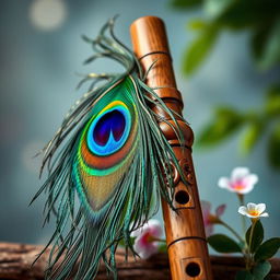 A beautifully composed artistic arrangement featuring a vibrant peacock feather elegantly draped alongside a traditional wooden flute