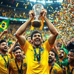 An inspiring scene of Marcelo celebrating with his teammates after winning the Copa América with the Brazilian national team