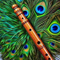 An artistic flat lay composition featuring a traditional wooden flute centered against a stunning background of shimmering peacock feathers