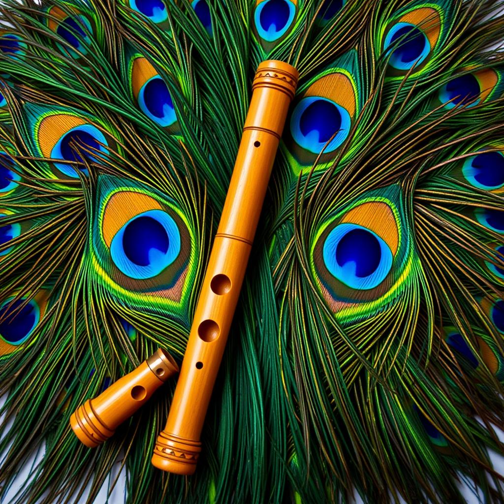 An artistic flat lay composition featuring a traditional wooden flute centered against a stunning background of shimmering peacock feathers