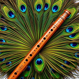 An artistic flat lay composition featuring a traditional wooden flute centered against a stunning background of shimmering peacock feathers
